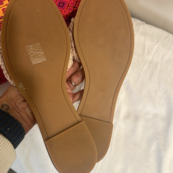Tory Burch ruffled raffia slide. Worn once. Color natural- taupe/pink - Picture 3 of 5
